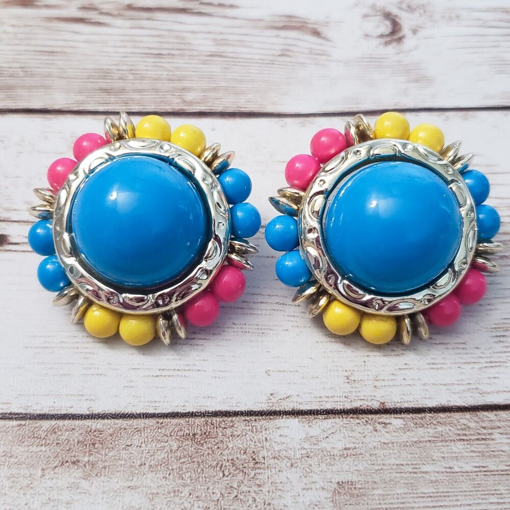 Vintage Clip On Earrings - Unusual Blue, Pink, Yellow & Gold Tone Statement